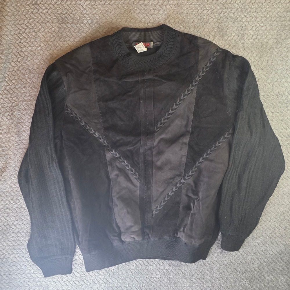 Vintage TORRAS Spain Black Wool Leather Knit‎ Crewneck Sweater Mens 44 Large